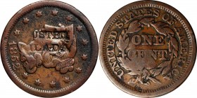 Counterstamps

(N. C)USTER / PHILADA on an 1852 Braided Hair large cent. Brunk C-1182, Rulau-Unlisted. Host coin Fine. 

Although Brunk lists the ...