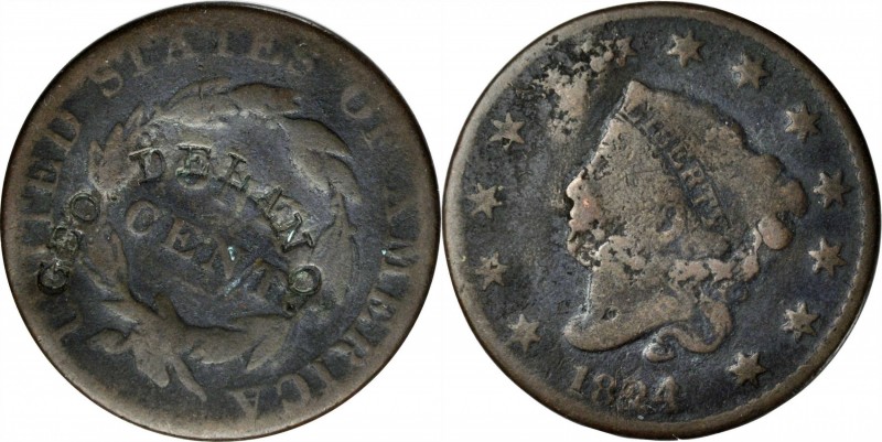 Counterstamps

GEO. DELANO. (curved) on an 1824 Matron Head large cent. Brunk ...