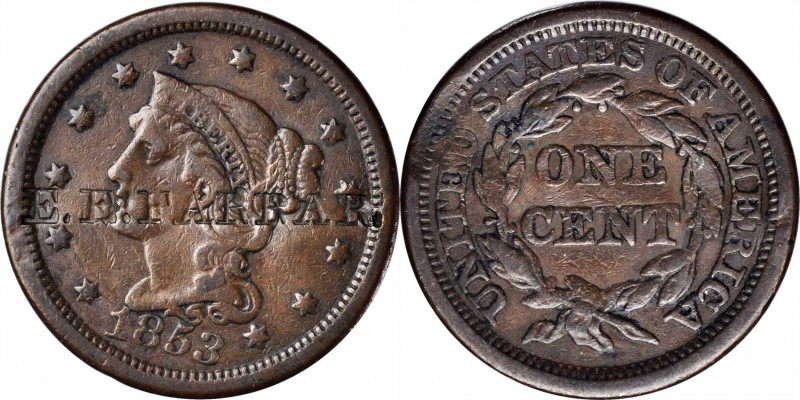 Counterstamps

E.E. FARRAR on an 1853 Braided Hair large cent. Brunk-Unlisted,...