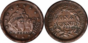 Counterstamps

J.A. FERSON on an 1853 Braided Hair large cent. Brunk F-146, Rulau-Unlisted. Host coin Extremely Fine. 

James A. Ferson (1845-1902...