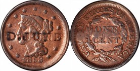 Counterstamps

D. JUNE on an 1853 Braided Hair large cent. Brunk-Unlisted, Rulau-Unlisted. Host coin Very Fine. 

David June (1824-1905) was a mac...