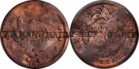 Counterstamps

F.R. LANGMAID counterstamped twice on both sides of an 1837 Braided Hair large cent. Brunk L-130, Rulau-Unlisted. Host coin Fine. 
...