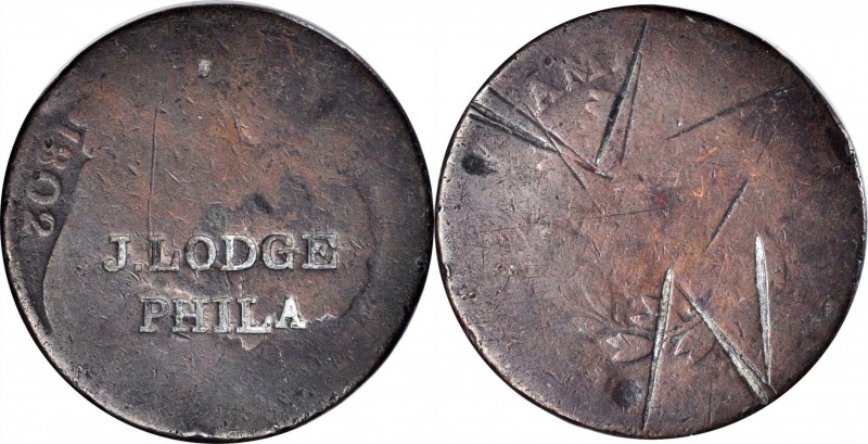 Counterstamps

J. LODGE / PHILa on an 1802 Draped Bust large cent. Brunk-Unlis...