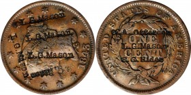 Counterstamps

L.G. MASON (4) / C.G. RIDER on the obverse and C.A. OTTERSON / L.G. MASON / C.G. RIDER on an 1843 Braided Hair large cent. Brunk M-27...