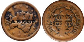 Counterstamps

A.W. MAYO on an 1852 Braided Hair large cent. Brunk-Unlisted, Rulau-Unlisted. Host coin Very Good. 

This is most likely the stamp ...