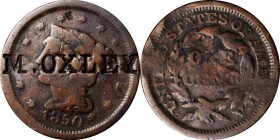 Counterstamps

M. OXLEY on an 1850 Braided Hair large cent. Brunk O-178, Rulau-Unlisted. Host coin Very Good. 

Morris M. Oxley (1839-1915) was a ...