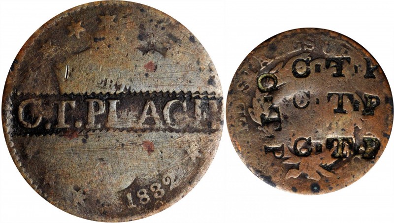 Counterstamps

C.T. PLACE in a serrated box punch on the obverse and C.T.P. (4...