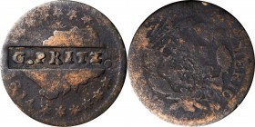 Counterstamps

G. PRITZ. in a box punch on an 1814 Classic Head large cent. Brunk-Unlisted, Rulau-Unlisted. Host coin Good. 

George Pritz (1799-1...