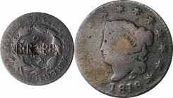 Counterstamps

B. RAPP counterstamped in a box punch on an 1818 Braided Hair large cent. Brunk R-78, Rulau-Mav 36T. Host coin Good. 

The type, si...