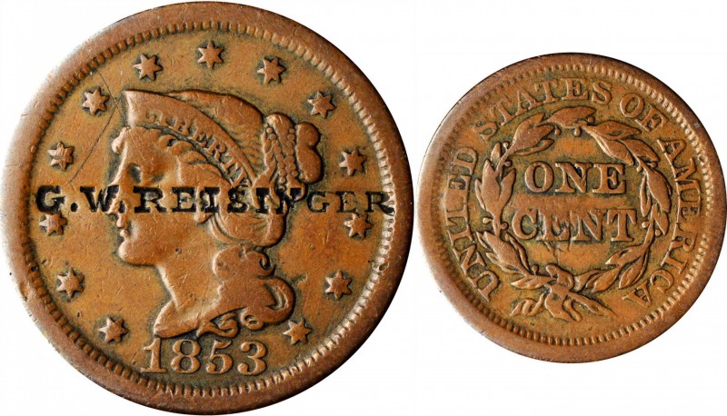 Counterstamps

G. W. REISINGER on an 1853 Braided Hair large cent. Brunk R-189...