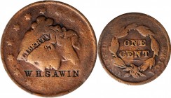 Counterstamps

W.H. SAWIN on a 1830s Matron Head large cent. Brunk-Unlisted, Rulau-Unlisted. Host coin Good. 

A probable attribution is Warren H....