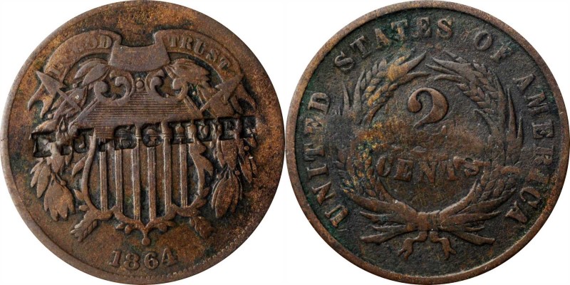 Counterstamps

F.J. SCHUPP on an 1864 Two-Cent piece. Brunk-Unlisted, Rulau-Un...