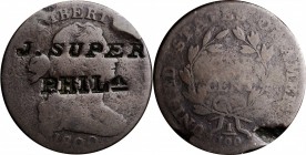 Counterstamps

J. SUPER / PHILa on an 1800/99 Draped Bust large cent. Brunk-Unlisted, Rulau-Unlisted. Host coin Good. 

This is the stamp of John ...
