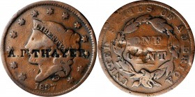 Counterstamps

A.P. THAYER on an 1837 Braided Hair large cent. Brunk-Unlisted, Rulau-Unlisted. Host coin Fine. 

This is probably the stamp of Add...