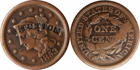 Counterstamps

J. TUTTON (curved) on an 1853 Braided Hair large cent. Brunk-Unlisted, Rulau-Unlisted. Host coin Very Fine. 

This is likely the st...