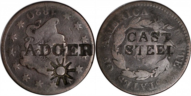 Counterstamps

(B)ADGER / (GEAR) counterstamped on the obverse and CAST / STEE...