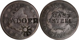 Counterstamps

(B)ADGER / (GEAR) counterstamped on the obverse and CAST / STEEL on an 1820 Matron Head large cent. Brunk-Unlisted, Rulau-Unlisted. H...