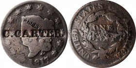 Counterstamps

C. CARTER on an 1817 Matron Head large cent. Brunk C-226, Rulau-Unlisted. Host coin Good. 

Charles Carter was a tool maker, making...