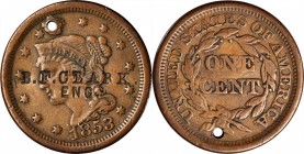 Counterstamps

B.F. CLARK / ENG. on an 1853 Braided Hair large cent, Brunk-Unlisted, Rulau-Unlisted. Host coin Very Fine, but holed. 

This is the...