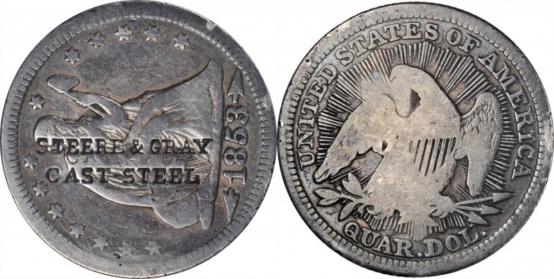 Counterstamps

STEERE & GRAY / CAST - STEEL on an 1853 Liberty Seated quarter....
