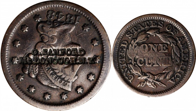 Counterstamps

G. SANFORD / McDONOUGH. N.Y. on an 1848 Braided Hair large cent...