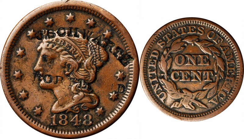 Counterstamps

J. SCHWARTZ (curved) / PORTLAND on an 1848 Braided Hair large c...