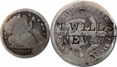Counterstamps

T. WILLS(ON) / NEW-YOR(K) on an 1838 Liberty Seated quarter. Brunk-Unlisted, Rulau-Unlisted. Host coin Fine.

Thomas Willson was a ...