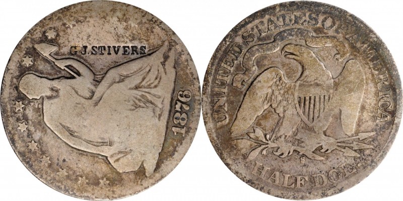 Counterstamps

G J. STIVERS on an 1876-S Liberty Seated half dollar. Brunk S-9...
