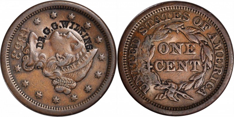Counterstamps

DR. G.G. WILKINS (curved) on an 1853 Braided Hair large cent. B...