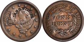 Counterstamps

DR. G.G. WILKINS (curved) on an 1853 Braided Hair large cent. Brunk W-610, Rulau-NH 106. Host coin Extra Fine. 

“Dr.” George G. Wi...