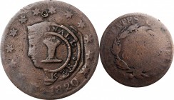 Counterstamps

(D)ONALD / (BALE OF WHEAT) / (B)AKER in a circle logo punch on an 1820 Matron Head large cent. Brunk-Unlisted, Rulau-Unlisted. Host c...