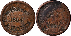 Counterstamps

PATENTED / 1854 / J.B. HAYDEN (in an oval) on an 1855 Braided Hair large cent. Brunk H-398, Rulau-Unlisted. Host coin Fine. 

A lar...