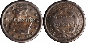 Counterstamps

W. HINTON on an 1845 Braided Hair large cent. Brunk H-628, Rulau-Unlisted. Host coin Good. 

Brunk suggests this stamp is from Will...