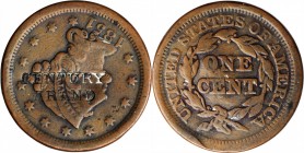 Counterstamps

CENTURY / BRAND on an 1851 Braided Hair large cent. Brunk C-320, Rulau-Unlisted. Host coin Fine.

Obviously a stamp for a product, ...