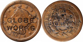 Counterstamps

GLOBE WORKS on an 1851 Braided Hair large cent. Brunk G-307, Rulau MA-SB 27. Host coin Fine.

Both Brunk and Rulau give an attribut...