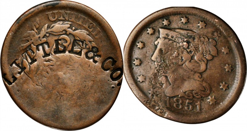 Counterstamps

LITTLE & CO. (curved) on an 1851 Braided Hair large cent. Brunk...