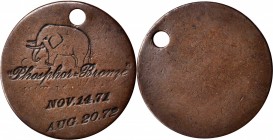 Counterstamps

(Elephant) / “PHOSPHOR=BRONZE” / (PAT. MAY23, 71) / NOV.14, 71 / AUG. 20, 72 on a holed copper disc. Brunk-138, Rulau PA-PH 1081.

...