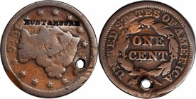 Counterstamps

HUNT & MOORE on an 1846 Braided Hair large cent. Brunk H-923, Rulau-MV 140 var. Host coin Very Good, but holed. 

While Brunk does ...