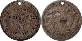 Counterstamps

WM. JACKSON. / WAVERLY. HOTEL. / (Masonic symbols) / 1867. WAVERLY, NY on the planed off obverse of a Liberty Seated quarter. Brunk-U...