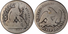 Counterstamps

W.O. DUVALL Jr. / KILLED SEPT. 24 / 1866. / *AGED 25 YRS / (Masonic symbols) on an 1857-P Liberty Seated half dollar. Host coin About...