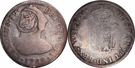 Counterstamps

(EL SALVADOR 1/2 REAL DIE) countermarked on a 1789 Spanish Colonial 2 reales Mo-FM. KM-58, Brunk ETC-15, Rulau-Unlisted. Host coin Ve...