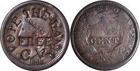 Counterstamps

VOTE THE LAND / FREE / CV On an 1838 Braided Hair large cent. Brunk V-110 var., Rulau-Y1 var. Host coin Very Fine. 

This is perhap...