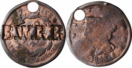 Counterstamps

B.W.R.R. on an 1843 Braided Hair large cent. Brunk-Unlisted, Rulau-Unlisted. Host coin Very Good, but holed. 

This is a tag or che...