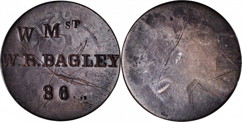 Counterstamps

W M st / W. R. BAGLEY / 36 on an 1800s Draped Bust large cent. ...