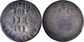 Counterstamps

ATTERESTA CUTTING / 1815 / DC / No. 1 individually on an 1800s Draped Bust large cent. Brunk-Unlisted, Rulau-Unlisted. Host coin Fair...
