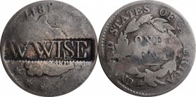 Counterstamps

W. WISE in a serrated box punch counterstamped on the obverse of an 1817 Matron Head large cent. Brunk W-764, Rulau-Unlisted. Host co...