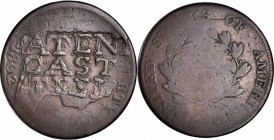 Counterstamps

PATENT / CAST / STEEL in a serrated box punch doubled on an 1802 Draped Bust large cent. Brunk-Unlisted, Rulau-Unlisted. Host coin Ab...