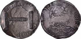 Counterstamps

ADGATE in a box punch counterstamped three times on an 1803 Draped Bust large cent. Brunk-Unlisted, Rulau-Unlisted. Host coin Fine, b...