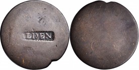 Counterstamps

(L.) ALDEN in a serrated box punch on an 1802 Draped Bust large cent. Brunk A-176, Rulau-ZE1. Host coin Poor.

Unattributed by Brun...