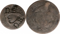 Counterstamps

D.S. / (heart) / D.S. on an 1816 Matron Head large cent. Brunk-Unlisted, Rulau-Unlisted. Host coin About Good.

An interesting stam...